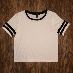 white top with striped sleeves